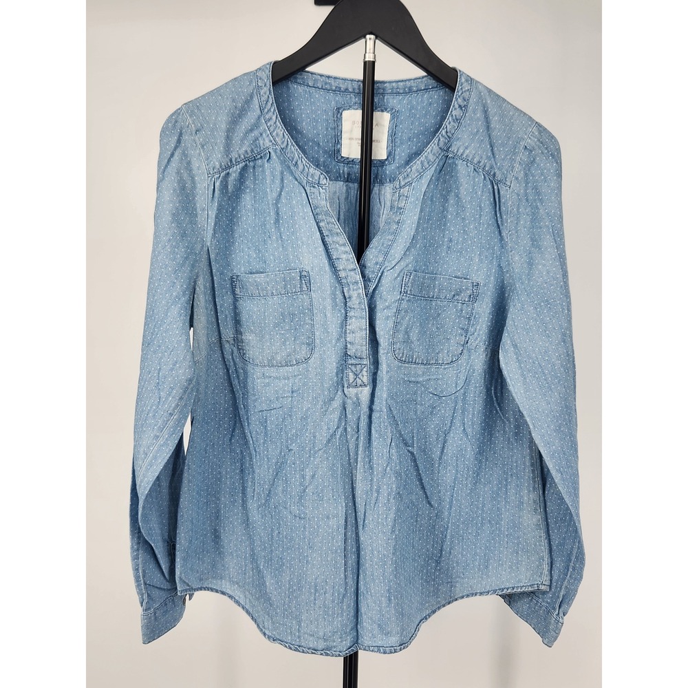 Sonoma Life Style Womens Blue Polka Dot Chambray Cotton Lyocell Top Medium